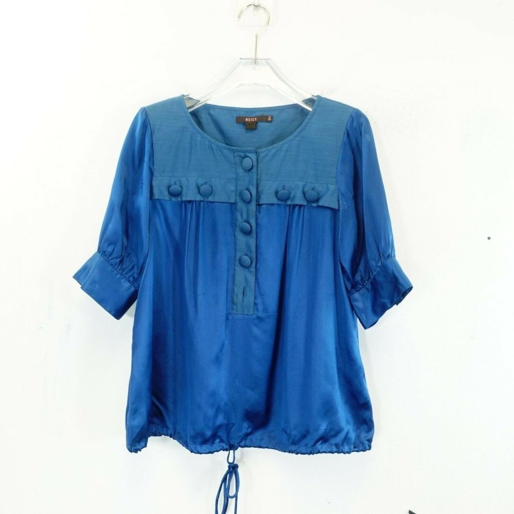 Reiss Button Front Top Womens 4 S Silk Cotton Puff Sleeve Blue Round Neck Blouse